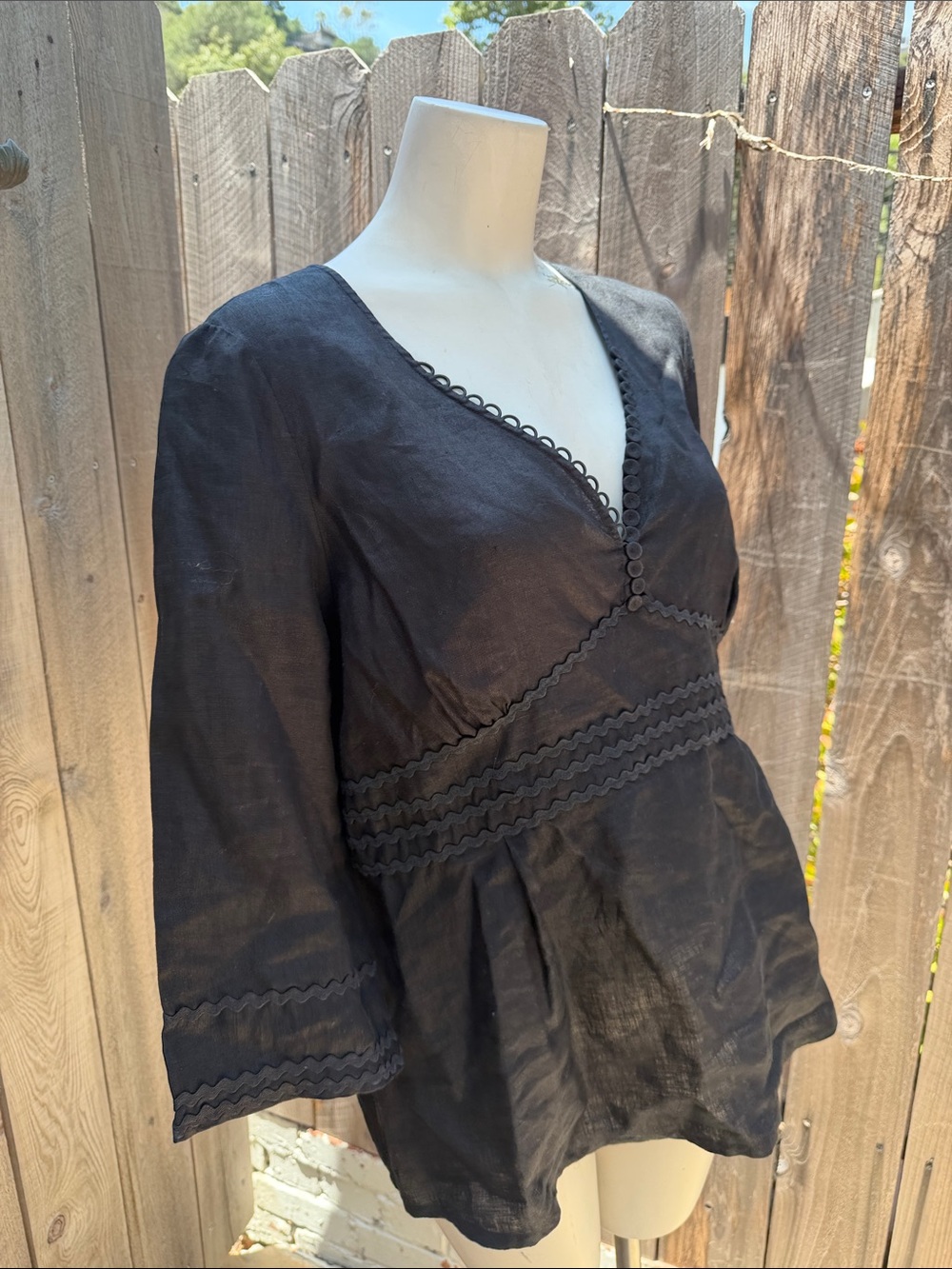 Anne Fontaine Peasant Blouse Top Linen Black V-Neck Tie Back Charlette 46 - Picture 6 of 10